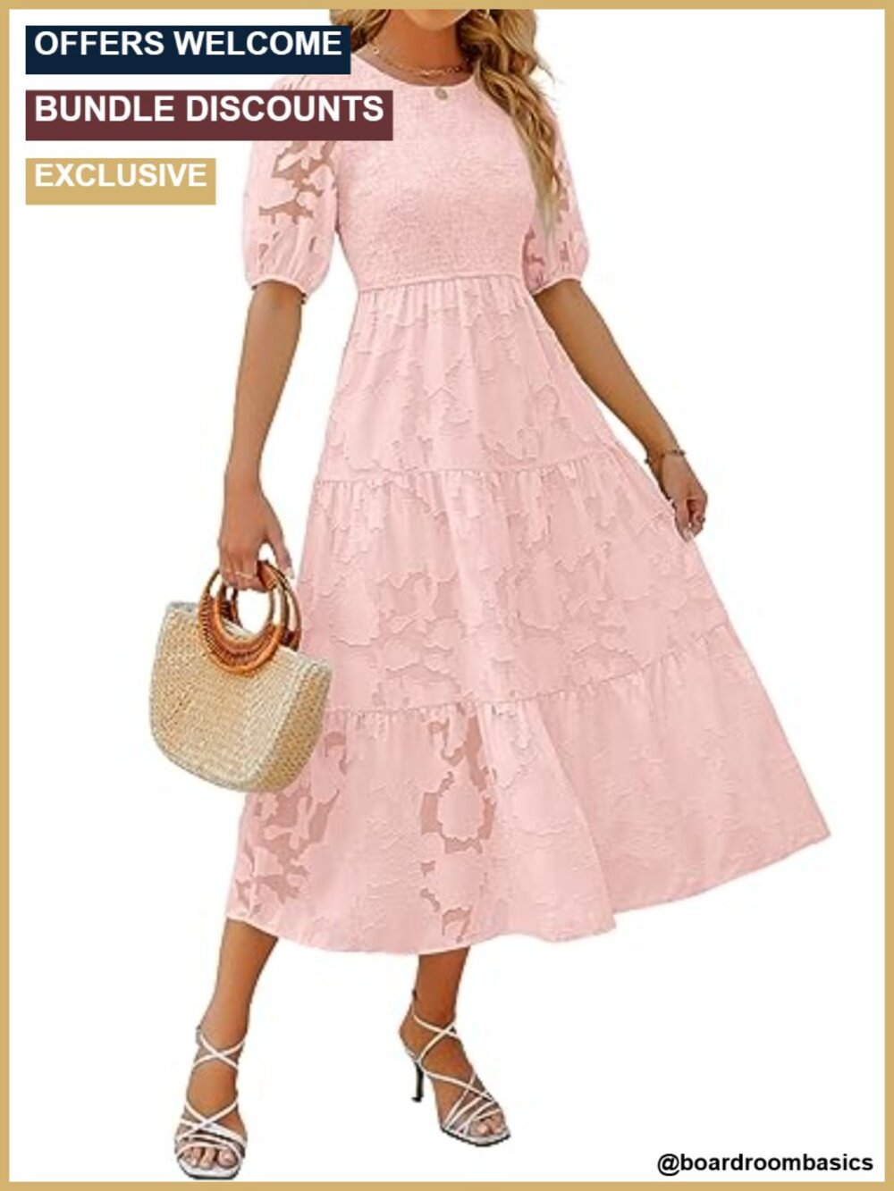 Women's Floral Lace Smocked Midi Dress Puff Sleeve Casual